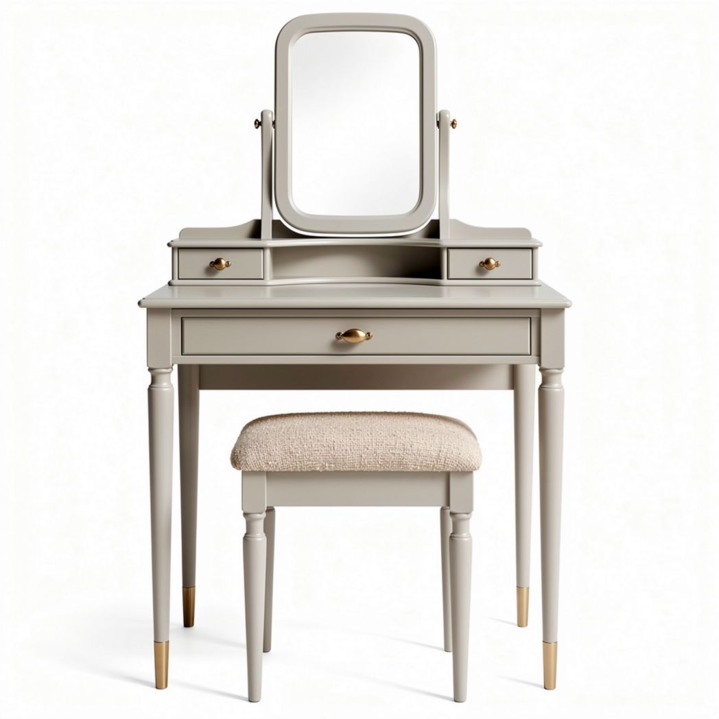 Coiffeuse en bois blanc avec miroir rond et pouf rembourré 90 x 40 x 140cm