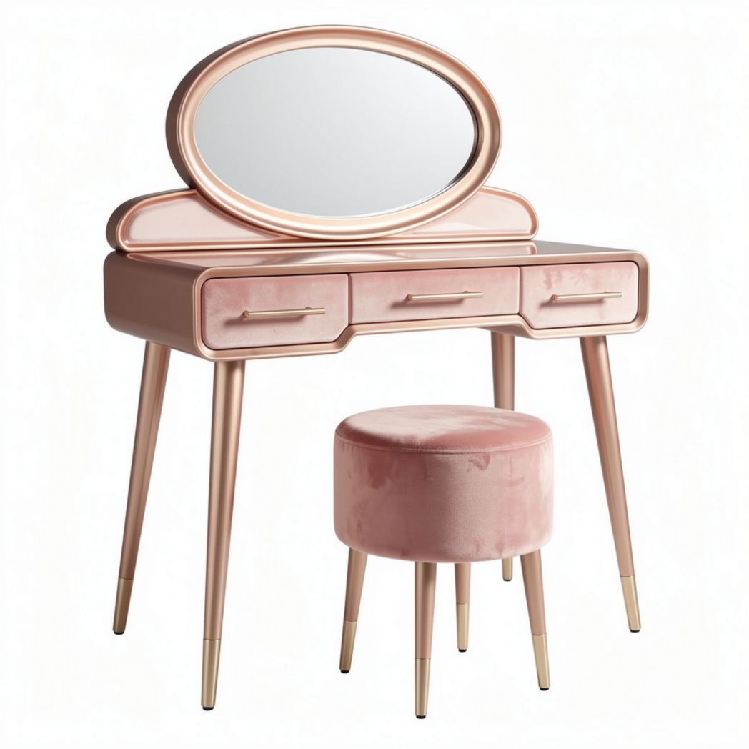 Coiffeuse en velours rose avec miroir ovale et tabouret assorti 80 x 40 x 140cm