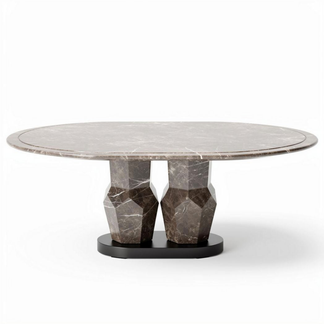 Table ronde en marbre gris avec pieds en geometrie mesure 150 x 150 x 75cm